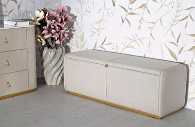 Banc de rangement rembourré beige – Siège moderne pour salle de bain