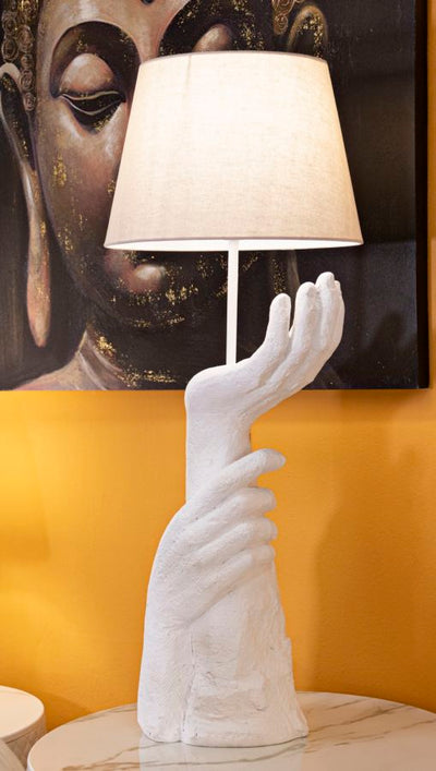 Lampe de table sculpturale blanche avec abat-jour beige – Collection Life