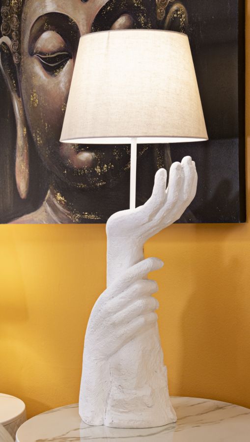 Lampe de table sculpturale blanche avec abat-jour beige – Collection Life