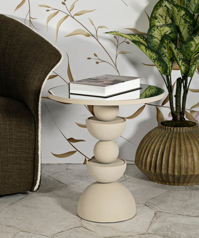 Table d'appoint ronde beige avec plateau miroir – Style contemporain Dune