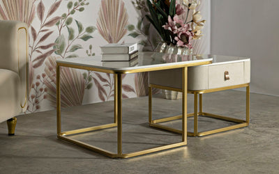 Lot de 2 tables basses en marbre artificiel avec piètement doré – Collection Beauté