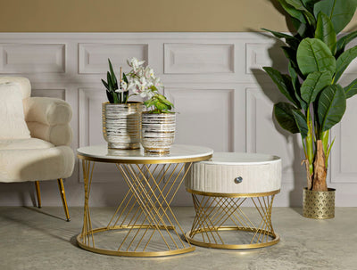 Ensemble de 2 tables basses en marbre artificiel avec cadre doré – Collection Votix