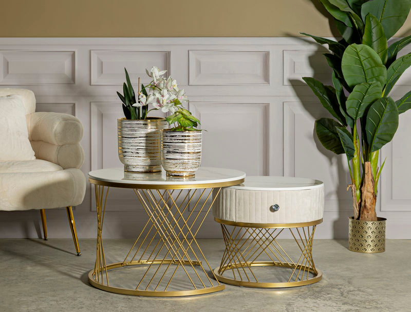 Ensemble de 2 tables basses en marbre artificiel avec cadre doré – Collection Votix