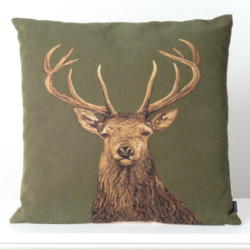Coussin Vert à Motif de Cerf (Tissu Gobelin)