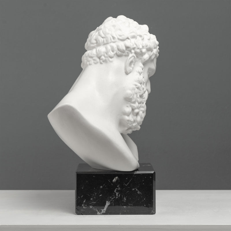 Buste d’Hercule sur Socle en Marbre Noir – Héros Grec de la Force et de la Puissance – Sculpture en Marbre
