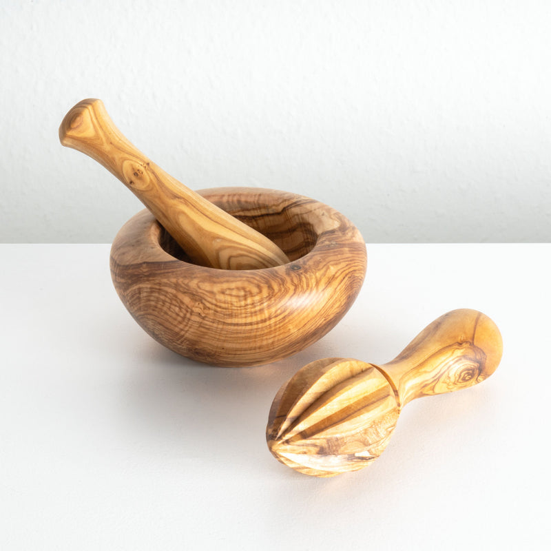 Set Culinaire Essentiel en Bois d’Olivier Fait Main (Mortier & Presse-Citron)