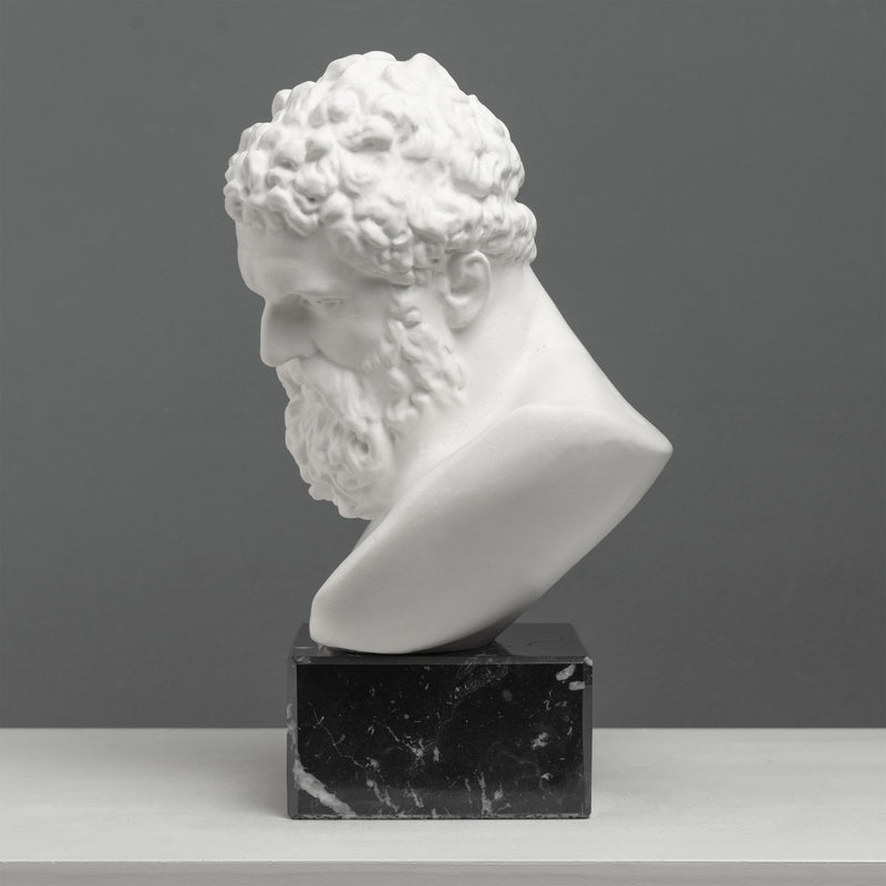 Buste d’Hercule sur Socle en Marbre Noir – Héros Grec de la Force et de la Puissance – Sculpture en Marbre