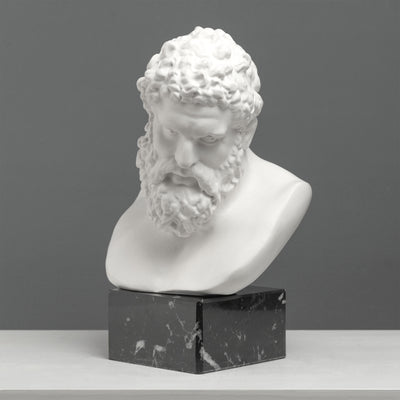 Buste d’Hercule sur Socle en Marbre Noir – Héros Grec de la Force et de la Puissance – Sculpture en Marbre