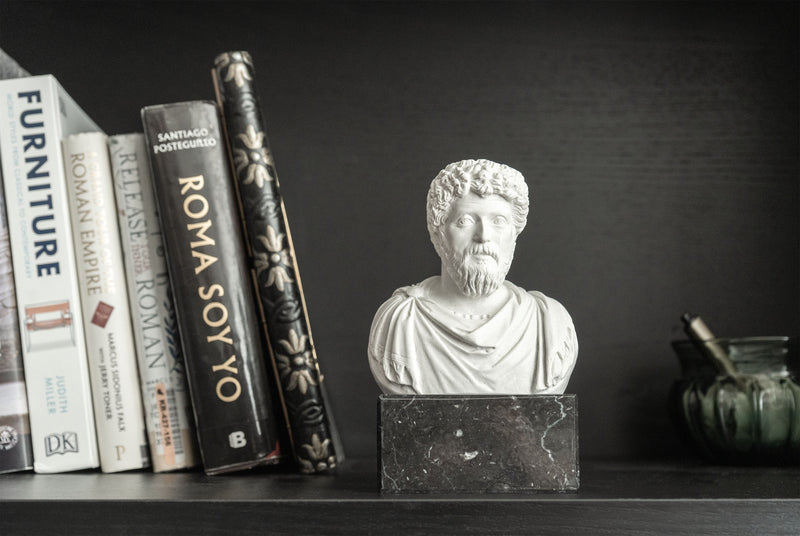 Buste de Marc Aurèle Serre-Livres sur Socle en Marbre Noir
