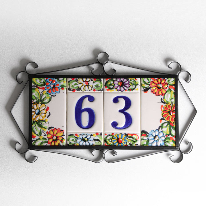 Carreaux De Numéro De Maison En Céramique Peints à La Main - Design Floral - 11 X 5.5 Cm - Fabriqué En Espagne
