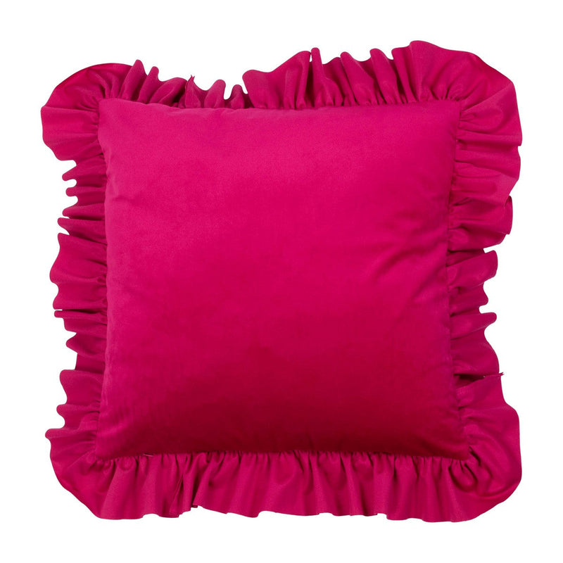 Coussin en Velours Rose Fuchsia avec Volants Élégants