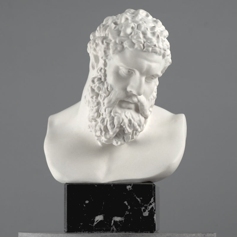 Buste d’Hercule sur Socle en Marbre Noir – Héros Grec de la Force et de la Puissance – Sculpture en Marbre