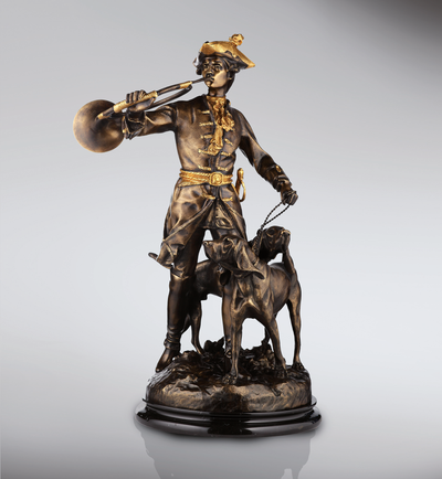 Statue Chiens et chasseur - sculpture en bronze
