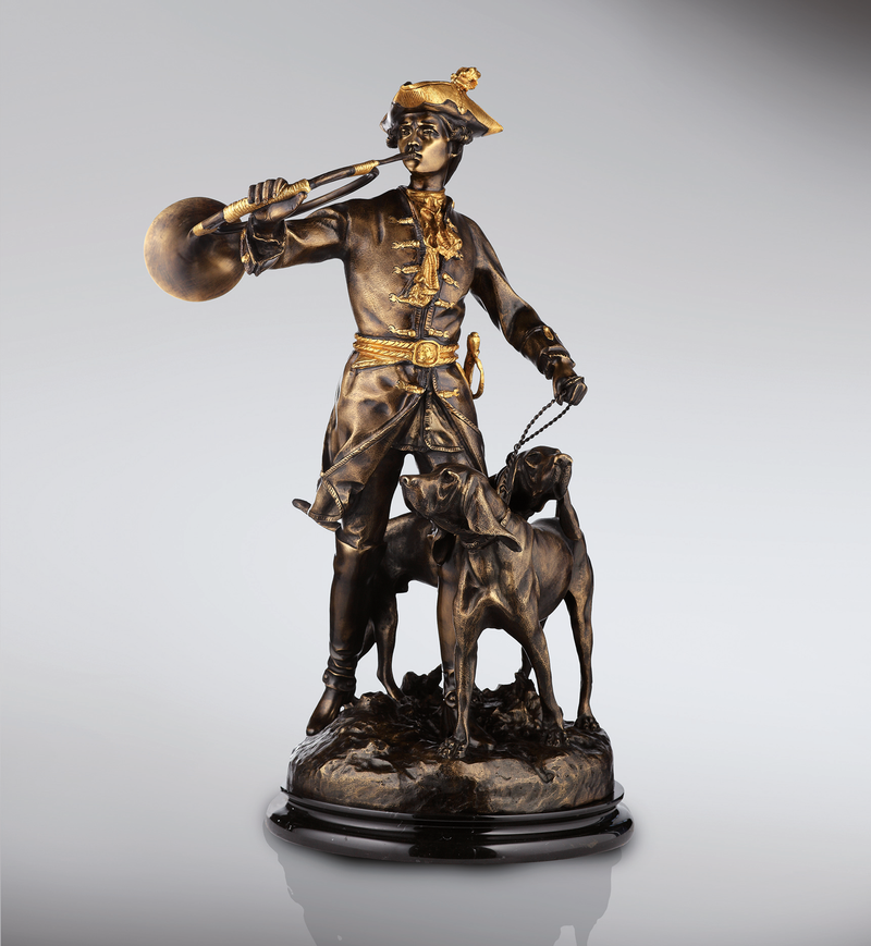 Statue Chiens et chasseur - sculpture en bronze