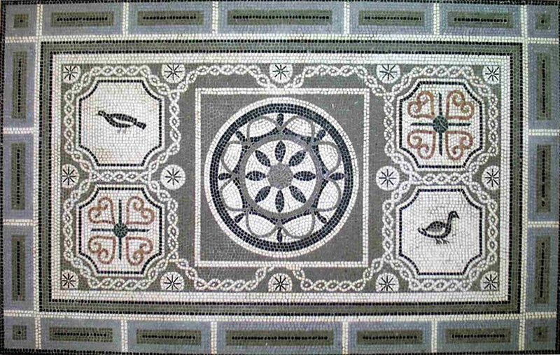 Mosaïque Tapis géométrique avec oiseaux  - en marble