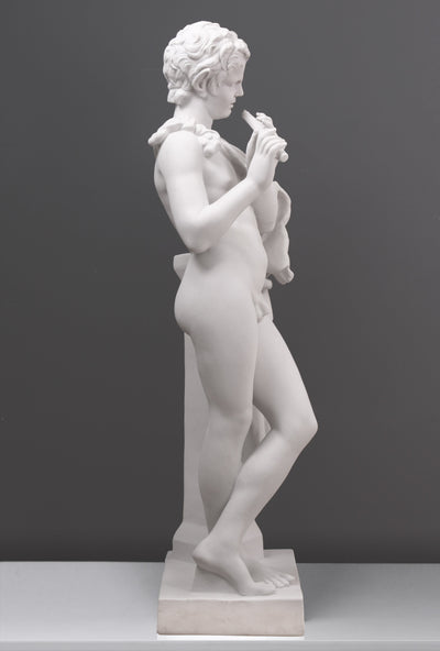 Statue Satyre avec flûte - grande sculpture en marbre blanc